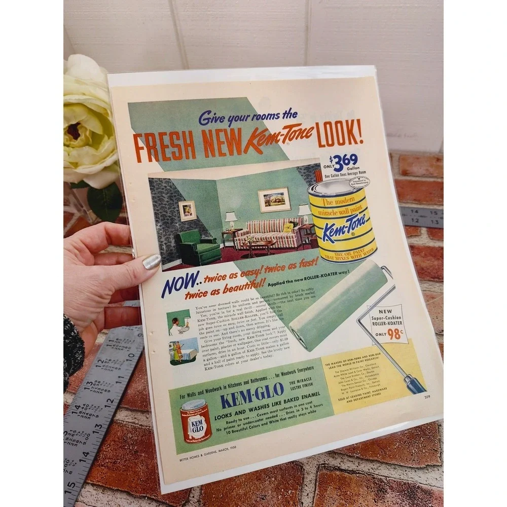 1950 Kem-Tone Paint Print Ad Kem-Glo‎ MCM Wall Art Fresh Room Postwar Optimism